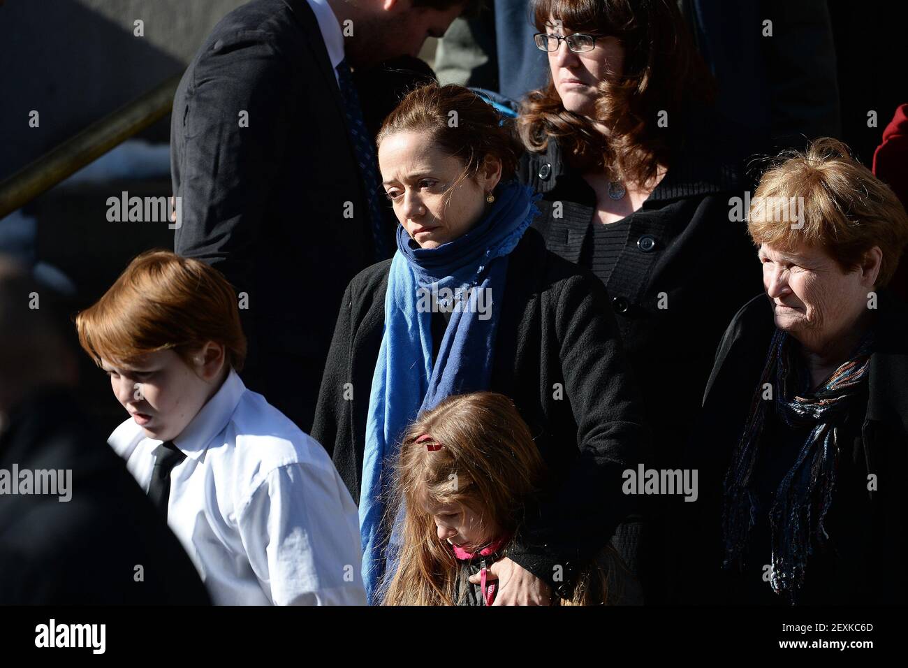 Mimi O Donnell Blue Scarf Partner Of Actor Philip Seymour Hoffman And The Couple S Children Tallulah Hoffman And Cooper Alexander Hoffman White Shirt Leave The Funeral Services For Hoffman At St Ignatius Of