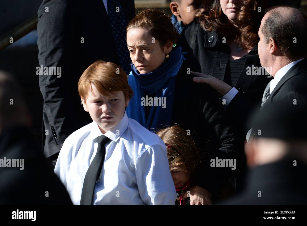 Mimi O Donnell Blue Scarf Partner Of Actor Philip Seymour Hoffman And The Couple S Son Cooper Alexander Hoffman White Shirt Leave The Funeral Services For Hoffman At St Ignatius Of Loyola Church In