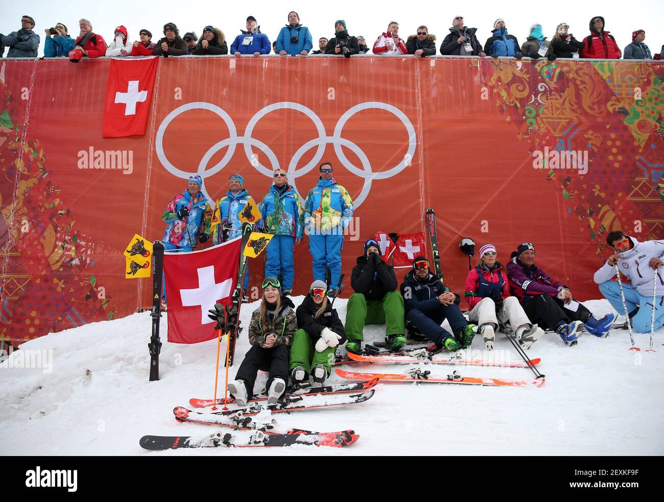 Spectators watch the finish of the men's alpine skiing downhill at the Rosa Khutor Alpine Center during the Winter Olympics in Sochi, Russia, Sunday, Feb. 9, 2014. (Photo by Brian Cassella/Chicago Tribune/MCT/Sipa USA) Stock Photo