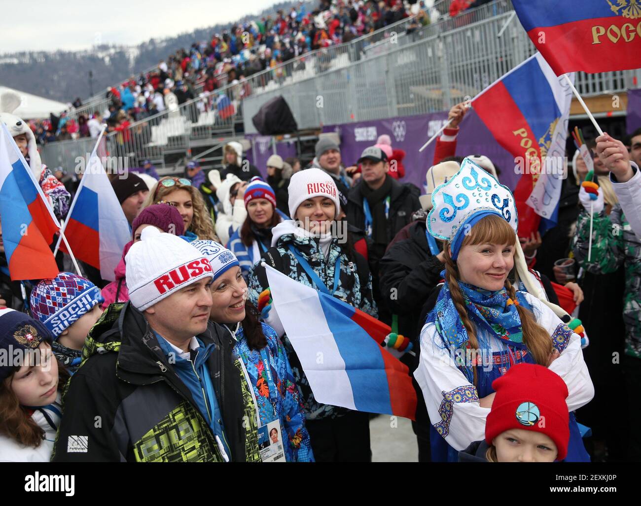 Fans of Russia watch the action during the ladies' ski slopestyle at the Rosa Khutor Extreme Park during the Winter Olympics in Sochi, Russia, Tuesday, Feb. 11, 2014. (Photo by Brian Cassella/Chicago Tribune/MCT/Sipa USA) Stock Photo