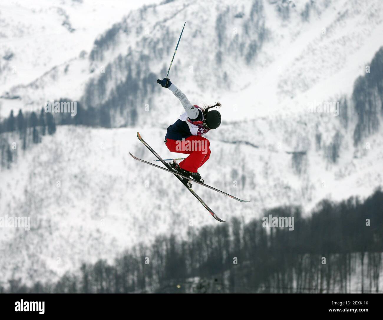 Keri Herman, of the USA, competes in the ladies' ski slopestyle at the Rosa Khutor Extreme Park during the Winter Olympics in Sochi, Russia, Tuesday, Feb. 11, 2014. (Photo by Brian Cassella/Chicago Tribune/MCT/Sipa USA) Stock Photo