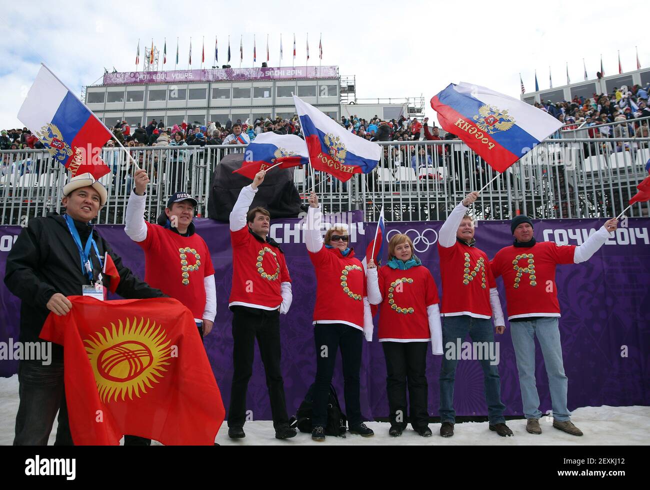 Fans of Russia cheer during the ladies' ski slopestyle at the Rosa Khutor Extreme Park during the Winter Olympics in Sochi, Russia, Tuesday, Feb. 11, 2014. (Photo by Brian Cassella/Chicago Tribune/MCT/Sipa USA) Stock Photo