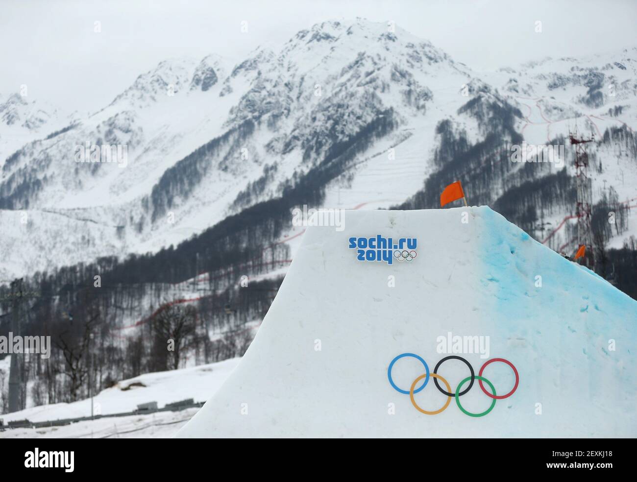 A jump with the Olympic logo on the ladies' ski slopestyle at the Rosa Khutor Extreme Park during the Winter Olympics in Sochi, Russia, Tuesday, Feb. 11, 2014. (Photo by Brian Cassella/Chicago Tribune/MCT/Sipa USA) Stock Photo