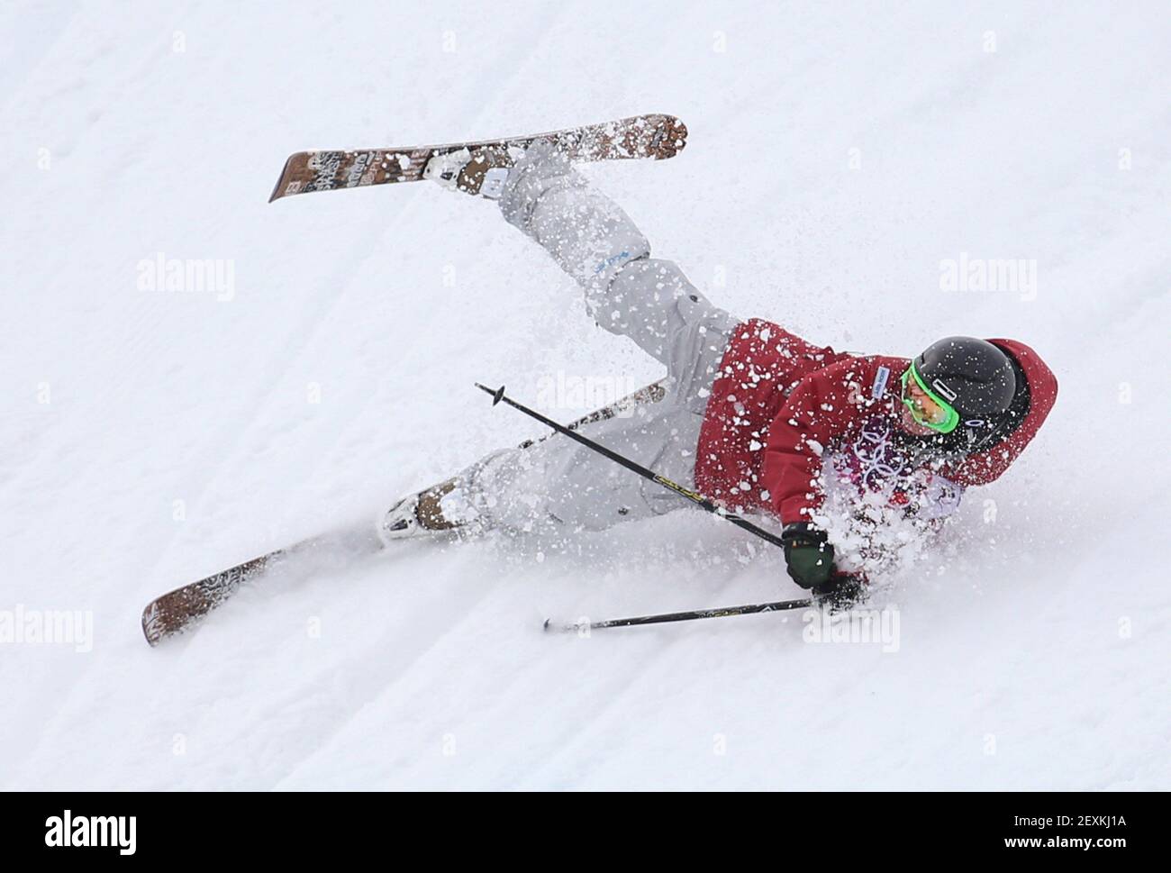 Kim Lamarre, of Canada, crashes during the ladies' ski slopestyle at the Rosa Khutor Extreme Park during the Winter Olympics in Sochi, Russia, Tuesday, Feb. 11, 2014. (Photo by Brian Cassella/Chicago Tribune/MCT/Sipa USA) Stock Photo