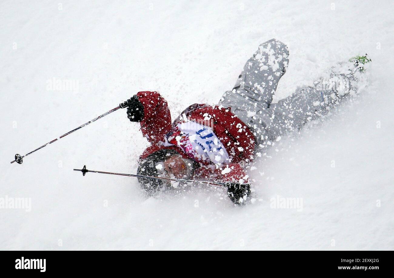 Yuki Tsubota, of Canada, crashes at the end of the ladies' ski slopestyle at the Rosa Khutor Extreme Park during the Winter Olympics in Sochi, Russia, Tuesday, Feb. 11, 2014. (Photo by Brian Cassella/Chicago Tribune/MCT/Sipa USA) Stock Photo