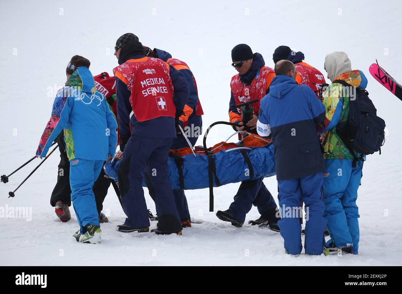 Yuki Tsubota, of Canada, is carried off after crashing in the ladies' ski slopestyle at the Rosa Khutor Extreme Park during the Winter Olympics in Sochi, Russia, Tuesday, Feb. 11, 2014. (Photo by Brian Cassella/Chicago Tribune/MCT/Sipa USA) Stock Photo