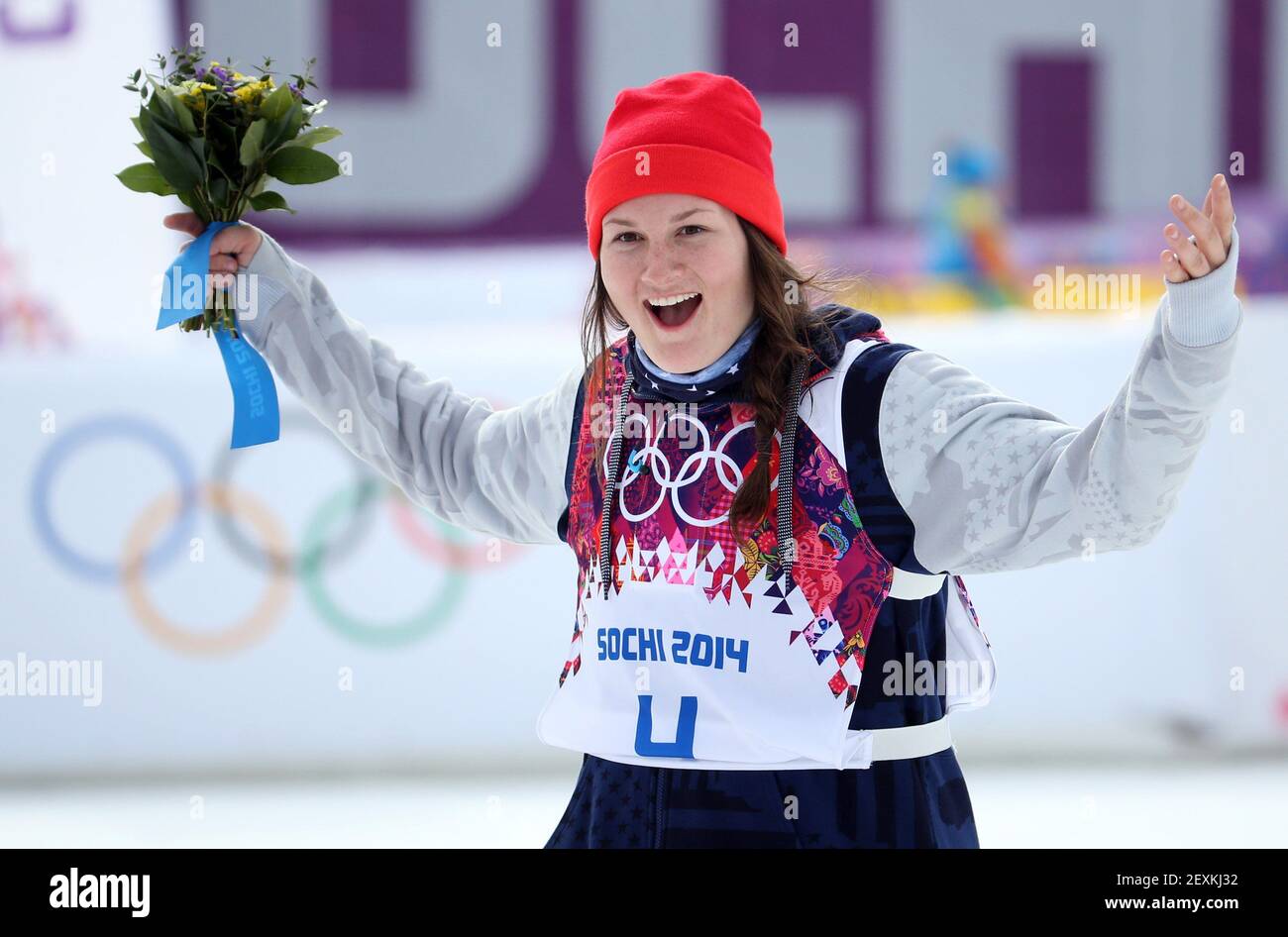 Devin Logan, of the USA, celebrates her silver medal in the ladies' ski slopestyle at the Rosa Khutor Extreme Park during the Winter Olympics in Sochi, Russia, Tuesday, Feb. 11, 2014. (Photo by Brian Cassella/Chicago Tribune/MCT/Sipa USA) Stock Photo