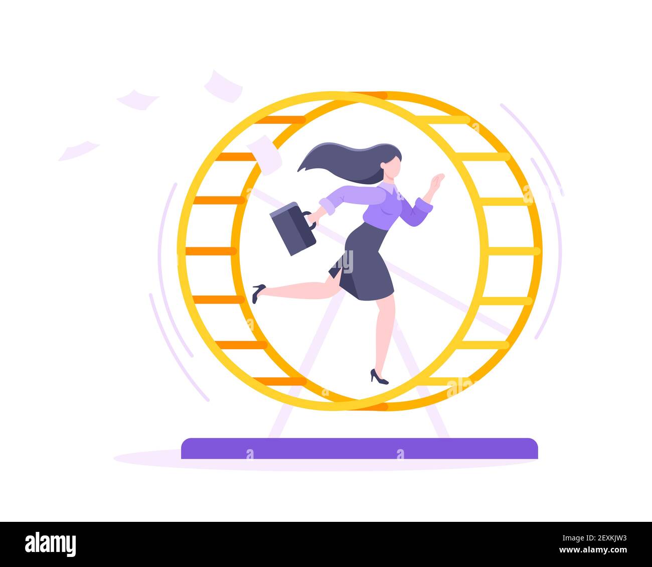 Rat race business concept with businesswoman running in hamster wheel working hard and always busy flat style design vector illustration. Tired workah Stock Vector