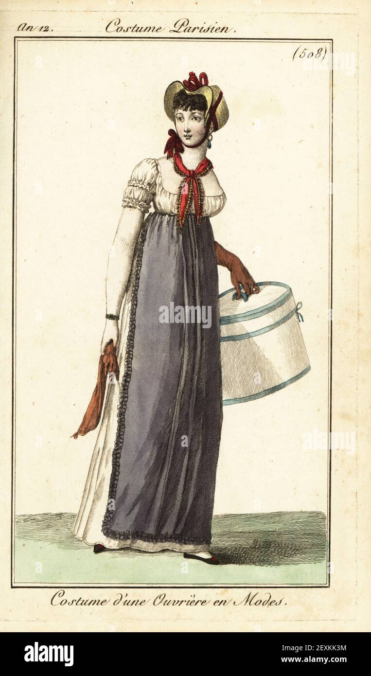 Woman working in the fashion industry. She wears a straw bonnet, fichu, tablier apron over low-cut gown, and carries a hat box. Costume d'une ouvriere en modes. Handcoloured copperplate engraving from Pierre de la Mesangere’s Journal des Dames et des Modes, Magazine of Women and Fashion, Paris, An 12, November 1803. Illustrations by Carle Vernet, Jean-Francois Bosio, Dominique Bosio and Philibert Louis Debucourt, engraved by Pierre-Charles Baquoy. Stock Photo