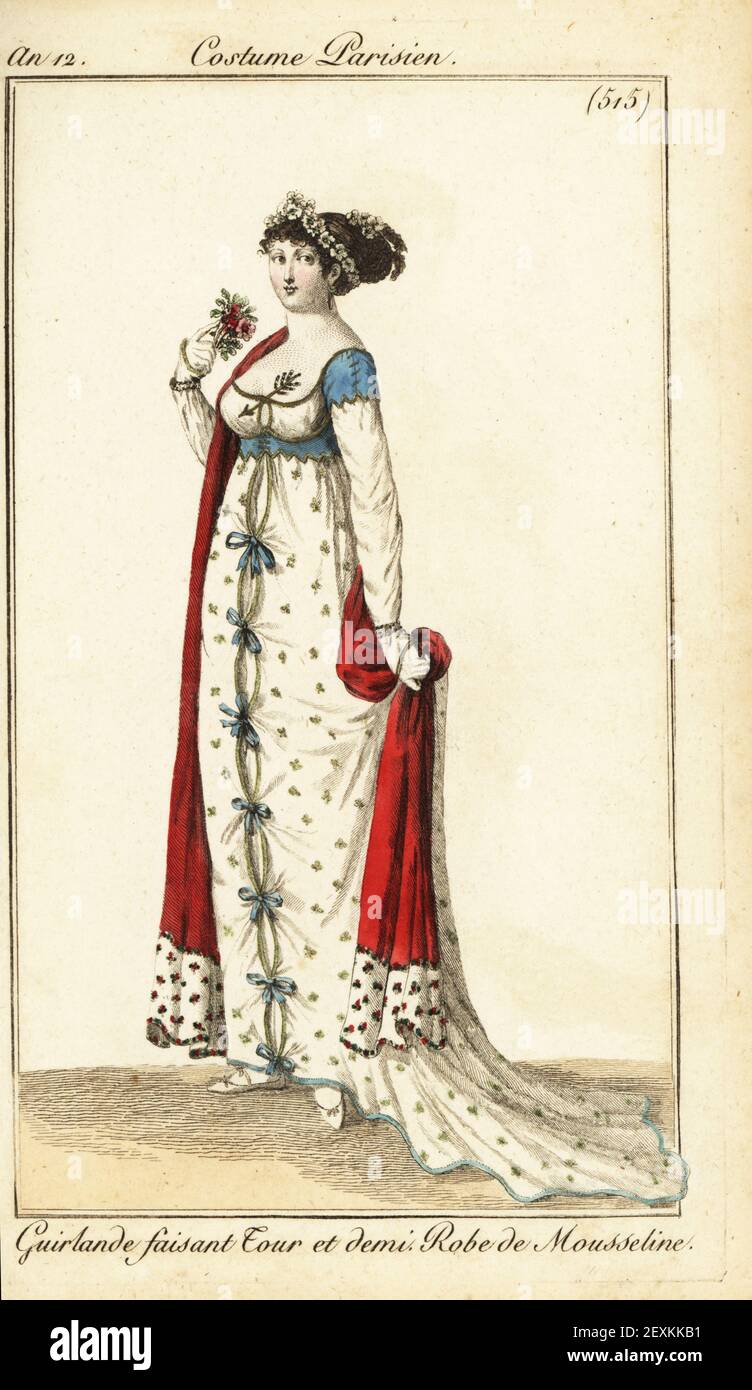 Woman with her hair tied with a garland. She wears a low-cut muslin dress with blue corset, tied with ribbons down the front, embroidered shawl. Guirlande faisant Tour et demi. Robe de Mousseline. Handcoloured copperplate engraving from Pierre de la Mesangere’s Journal des Dames et des Modes, Magazine of Women and Fashion, Paris, An 12, December 1803. Illustrations by Carle Vernet, Jean-Francois Bosio, Dominique Bosio and Philibert Louis Debucourt, engraved by Pierre-Charles Baquoy. Stock Photo