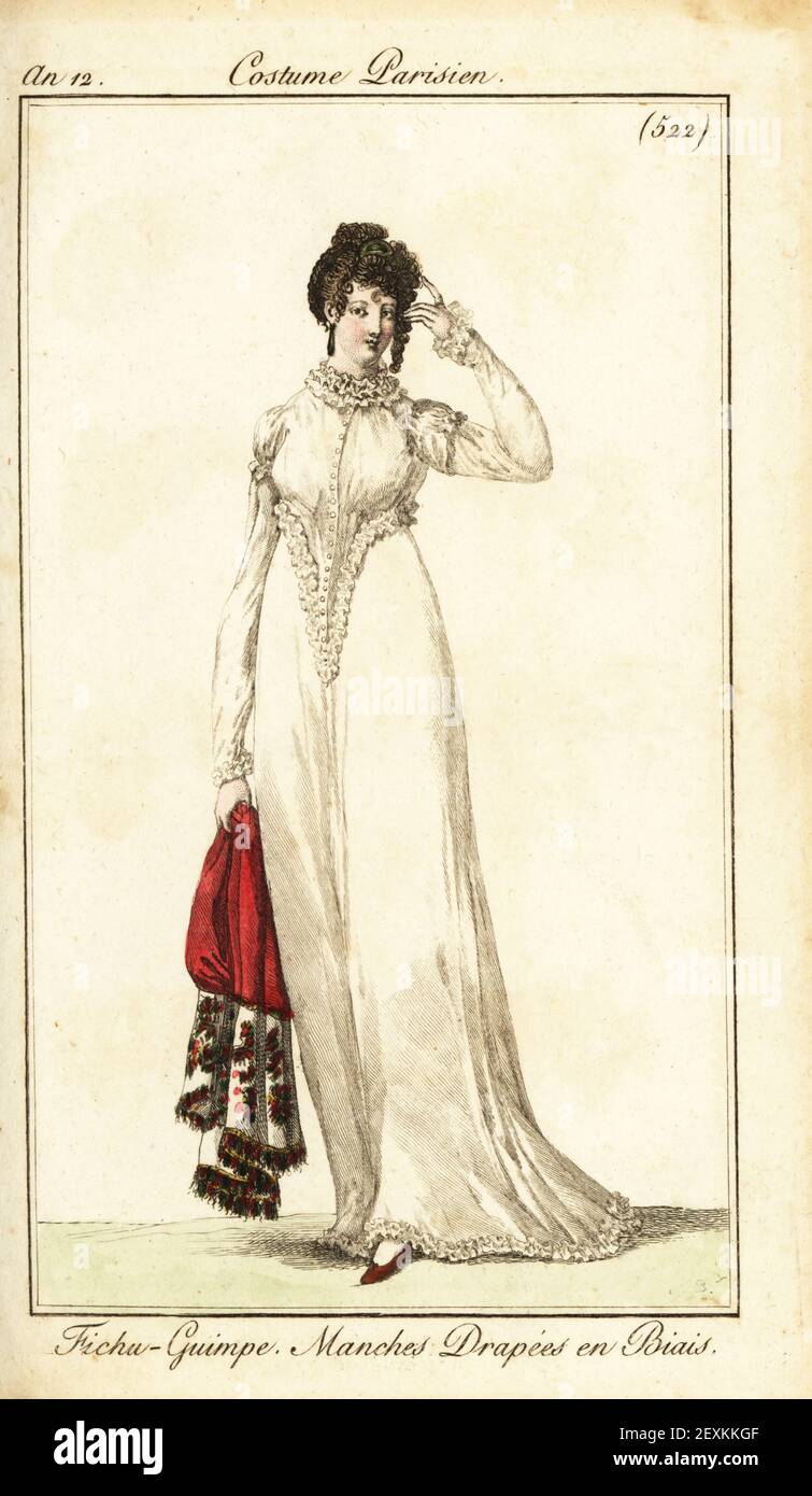 Woman with her hair tied up on the right temple. She wears a mandille corset with ruffles, bias-cut sleeves, and carries an embroidered shawl. Fichu-Guimple, Manches Drapees en Biais. Handcoloured copperplate engraving from Pierre de la Mesangere’s Journal des Dames et des Modes, Magazine of Women and Fashion, Paris, An 12, January 1804. Illustrations by Carle Vernet, Jean-Francois Bosio, Dominique Bosio and Philibert Louis Debucourt, engraved by Pierre-Charles Baquoy. Stock Photo