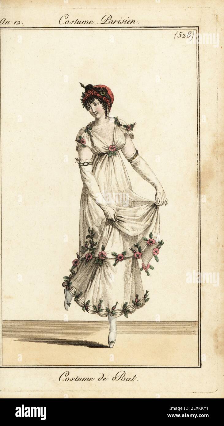 Woman lifting her skirts to dance at a ball. Her ball gown is hemmed with buds and flowers. She wears a velvet cap with garland and diadem. Costume de Bal. Handcoloured copperplate engraving from Pierre de la Mesangere’s Journal des Dames et des Modes, Magazine of Women and Fashion, Paris, An 12, January 1804. Illustrations by Carle Vernet, Jean-Francois Bosio, Dominique Bosio and Philibert Louis Debucourt, engraved by Pierre-Charles Baquoy. Stock Photo