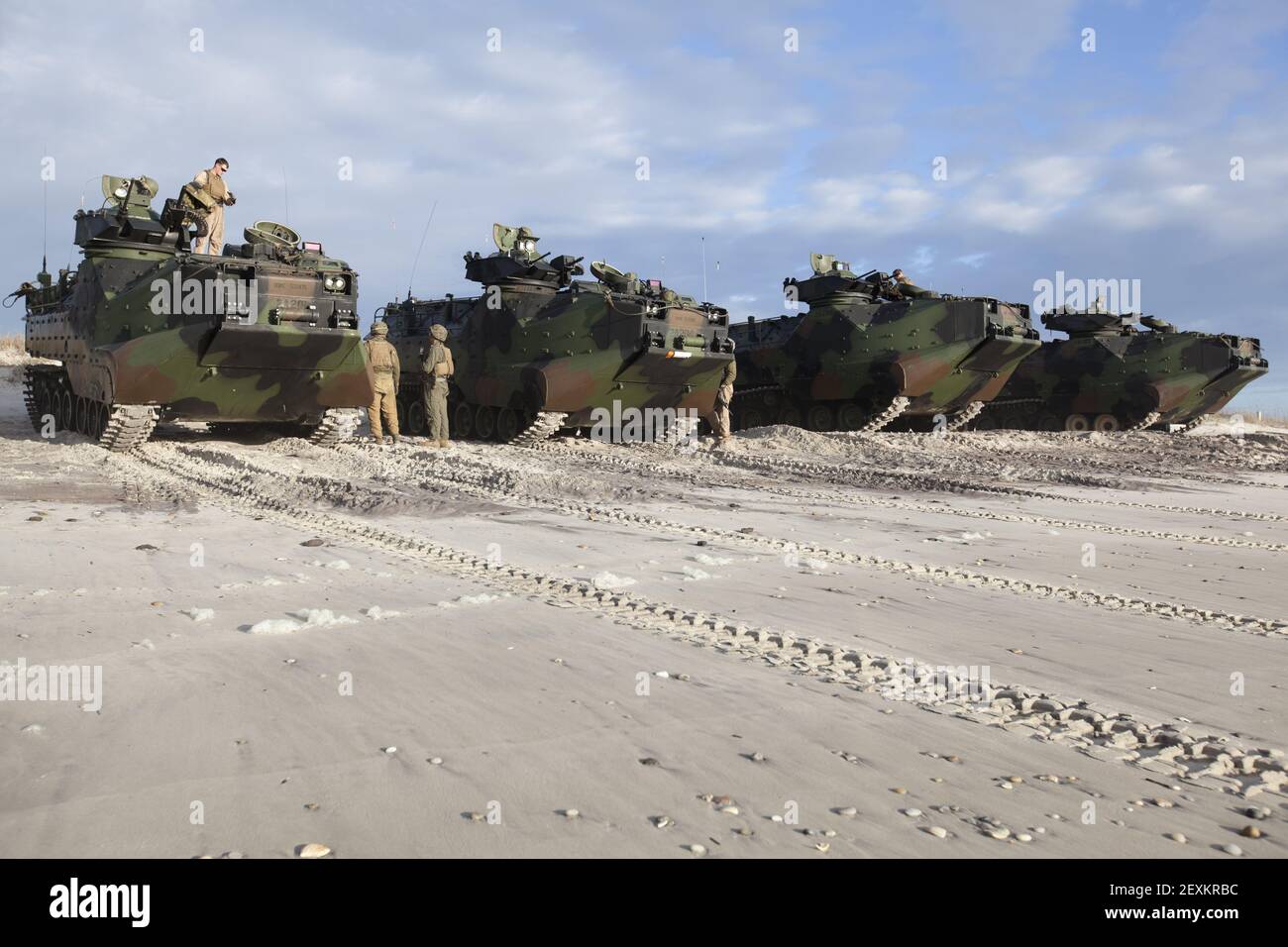 U.S. Marines with Alpha Company, 2nd Assault Amphibious Battalion, 2nd Marine Division, inspect P7A1 assault amphibious vehicles before a training exercise at Onslow Beach, Camp Lejeune, N.C., Jan. 10, 2014. The training exercise was conducted to practice beach raids for future ship to shore operations. (Photo by Lance Cpl. Christopher Mendoza, U.S. Marine Corps/DoD/Sipa USA) Stock Photo