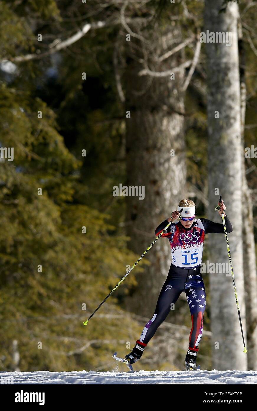 Jessie Diggins of the United States competes in the Women's 7.5m + 7.5m Skiathlon in the 2014 Winter Olympics in Sochi, Russia. (Photo by Carlos Gonzalez/Minneapolis Star Triubne/MCT/Sipa USA) Stock Photo