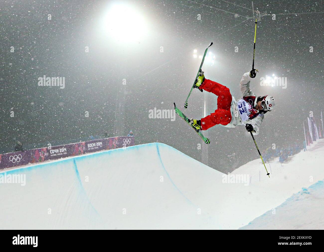 Nils Lauper of Switzerland competes in qualifying for the men's ski halfpipe at Rosa Khutor Extreme Park during the Winter Olympics in Sochi, Russia, Tuesday, Feb. 18, 2014. (Photo by Brian Cassella/Chicago Tribune/MCT/Sipa USA) Stock Photo