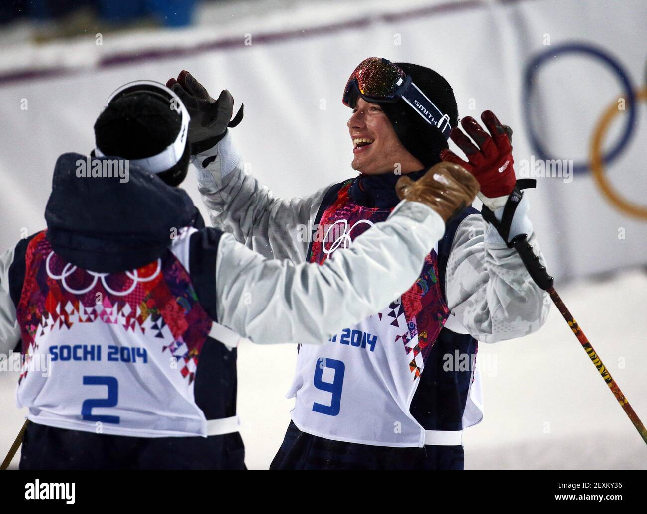 David Wise (right) of the USA celebrates winning the gold medal in men's ski halfpipe at Rosa Khutor Extreme Park during the Winter Olympics in Sochi, Russia, Tuesday, Feb. 18, 2014. (Photo by Brian Cassella/Chicago Tribune/MCT/Sipa USA) Stock Photo