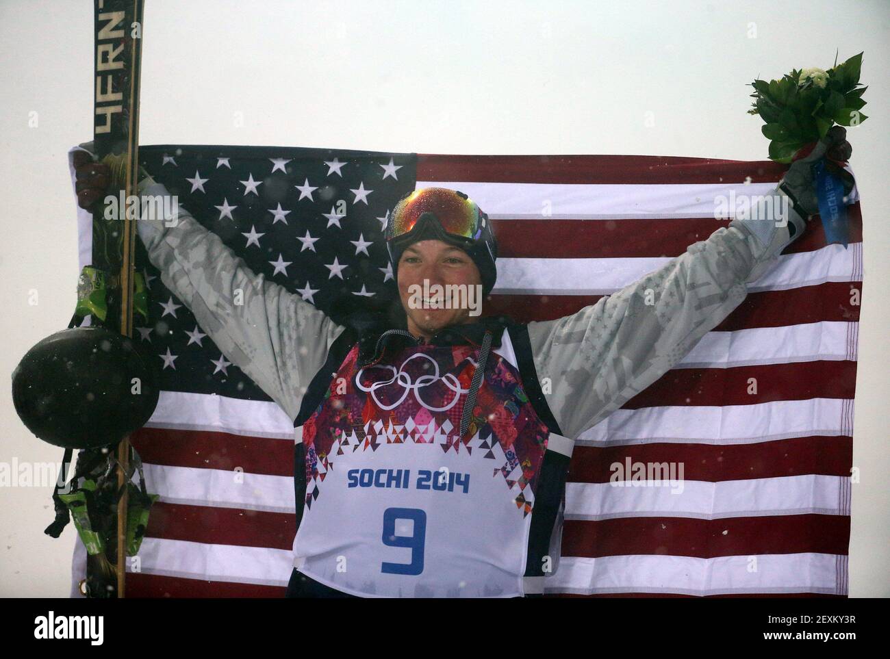 David Wise of the USA celebrates winning the gold medal in men's ski halfpipe at Rosa Khutor Extreme Park during the Winter Olympics in Sochi, Russia, Tuesday, Feb. 18, 2014. (Photo by Brian Cassella/Chicago Tribune/MCT/Sipa USA) Stock Photo