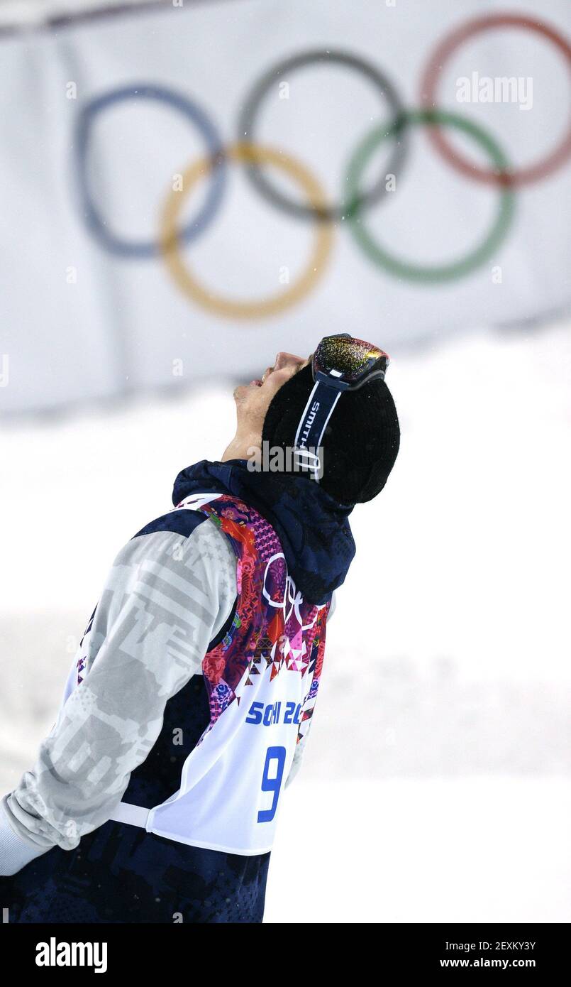 USA's David Wise celebrates after winning the men's ski halfpipe at Rosa Khutor Extreme Park during the Winter Olympics in Sochi, Russia, on Tuesday, Feb. 18, 2014. (Photo by Mark Reis/Colorado Springs Gazette/MCT/Sipa USA) Stock Photo