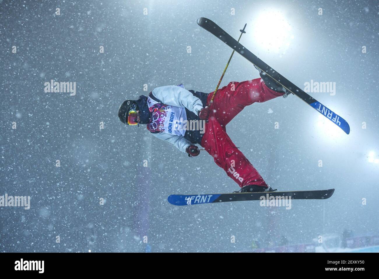 USA's David Wise competes in the men's ski halfpipe at Rosa Khutor Extreme Park during the Winter Olympics in Sochi, Russia, on Tuesday, Feb. 18, 2014. (Photo by Mark Reis/Colorado Springs Gazette/MCT/Sipa USA) Stock Photo