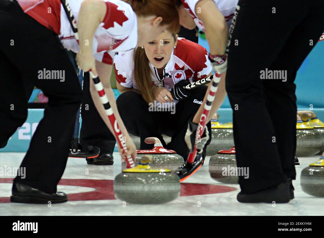 Canada's Kaitlyn Lawes yells to teammates during their victory over Great Britain in the women's curling semifinals at the Ice Cube Curling Center during the Winter Olympics in Sochi, Russia, Wednesday, Feb. 19, 2014. (Photo by Brian Cassella/Chicago Tribune/MCT/Sipa USA) Stock Photo