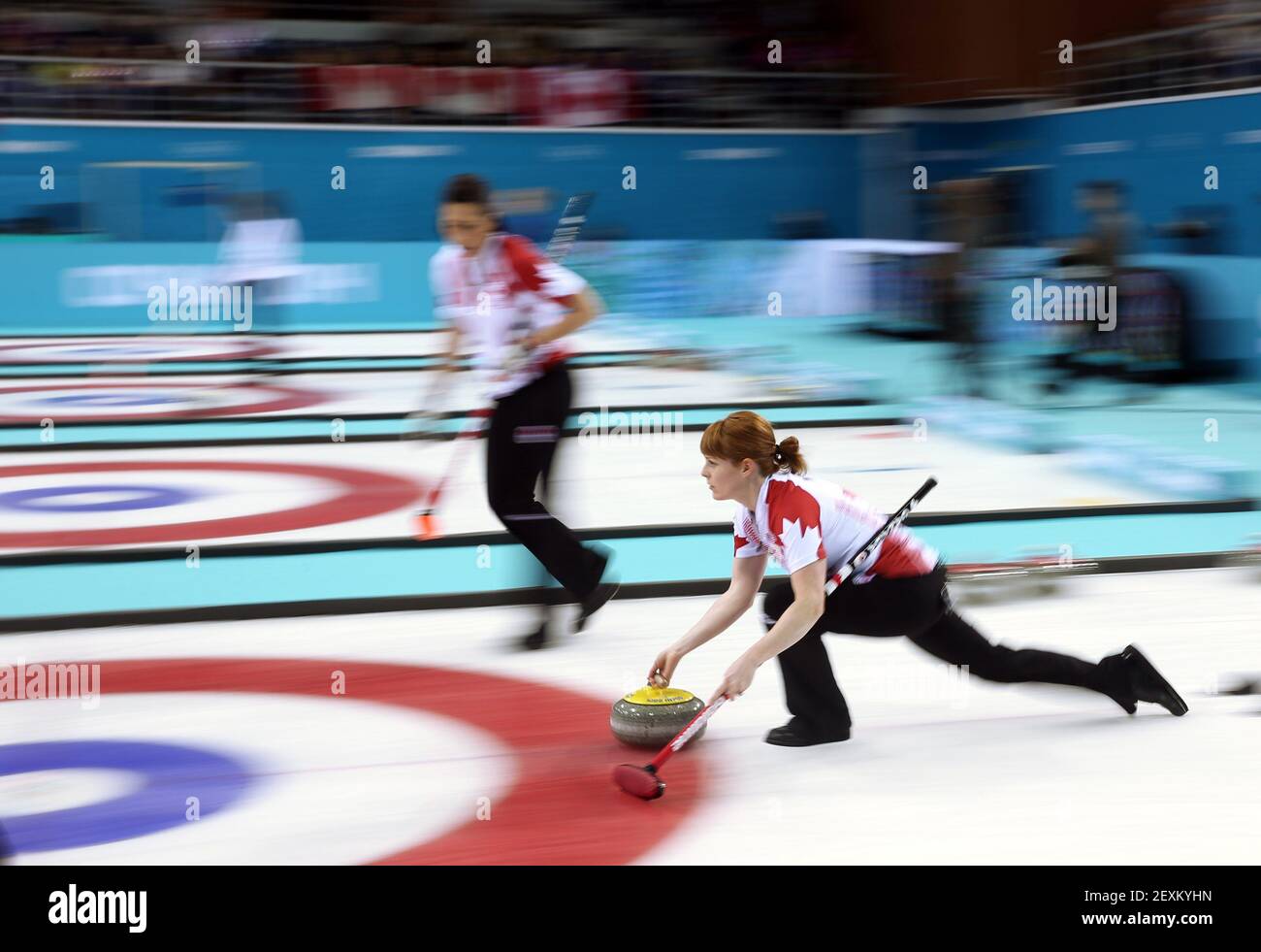 Canada's Dawn McEwen throws during her team's victory over Great Britain in the women's curling semifinals at the Ice Cube Curling Center during the Winter Olympics in Sochi, Russia, Wednesday, Feb. 19, 2014. (Photo by Brian Cassella/Chicago Tribune/MCT/Sipa USA) Stock Photo