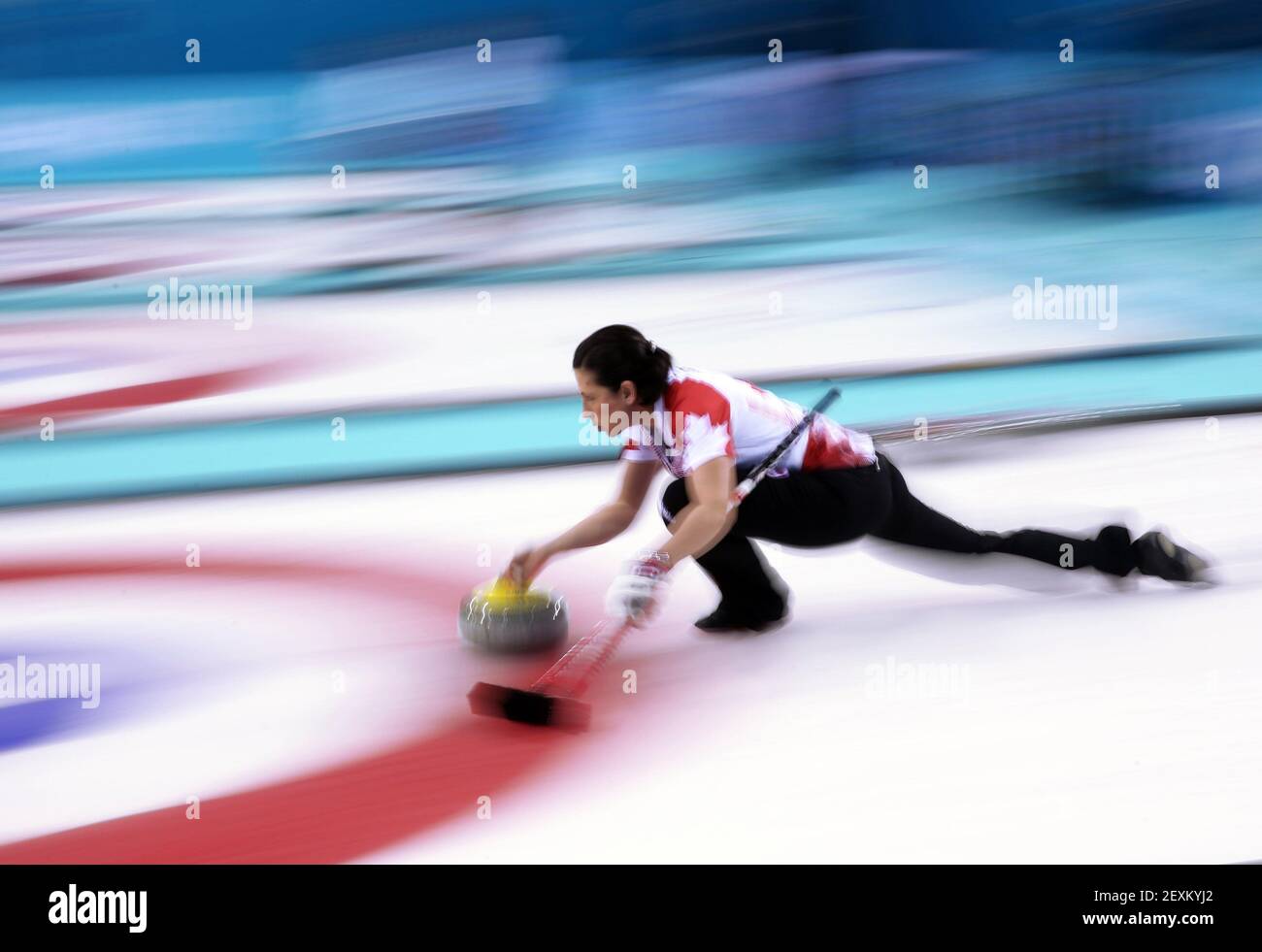 Canada's Jill Officer throws against Great Britain during women's curling semifinals at the Ice Cube Curling Center during the Winter Olympics in Sochi, Russia, Wednesday, Feb. 19, 2014. (Photo by Brian Cassella/Chicago Tribune/MCT/Sipa USA) Stock Photo