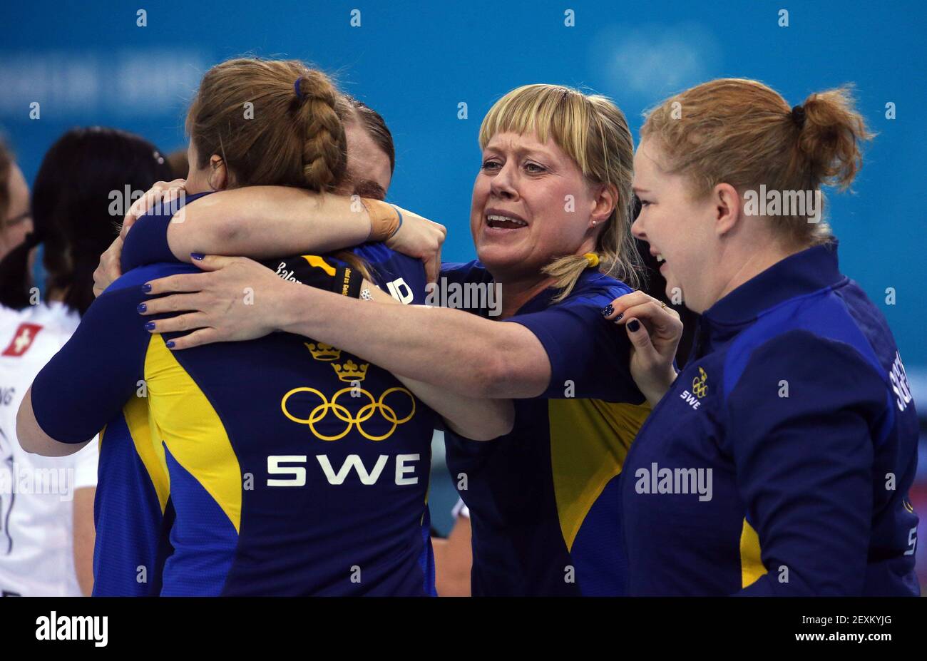 Sweden celebrates their victory over Switzerland during women's curling semifinals at the Ice Cube Curling Center during the Winter Olympics in Sochi, Russia, Wednesday, Feb. 19, 2014. (Photo by Brian Cassella/Chicago Tribune/MCT/Sipa USA) Stock Photo