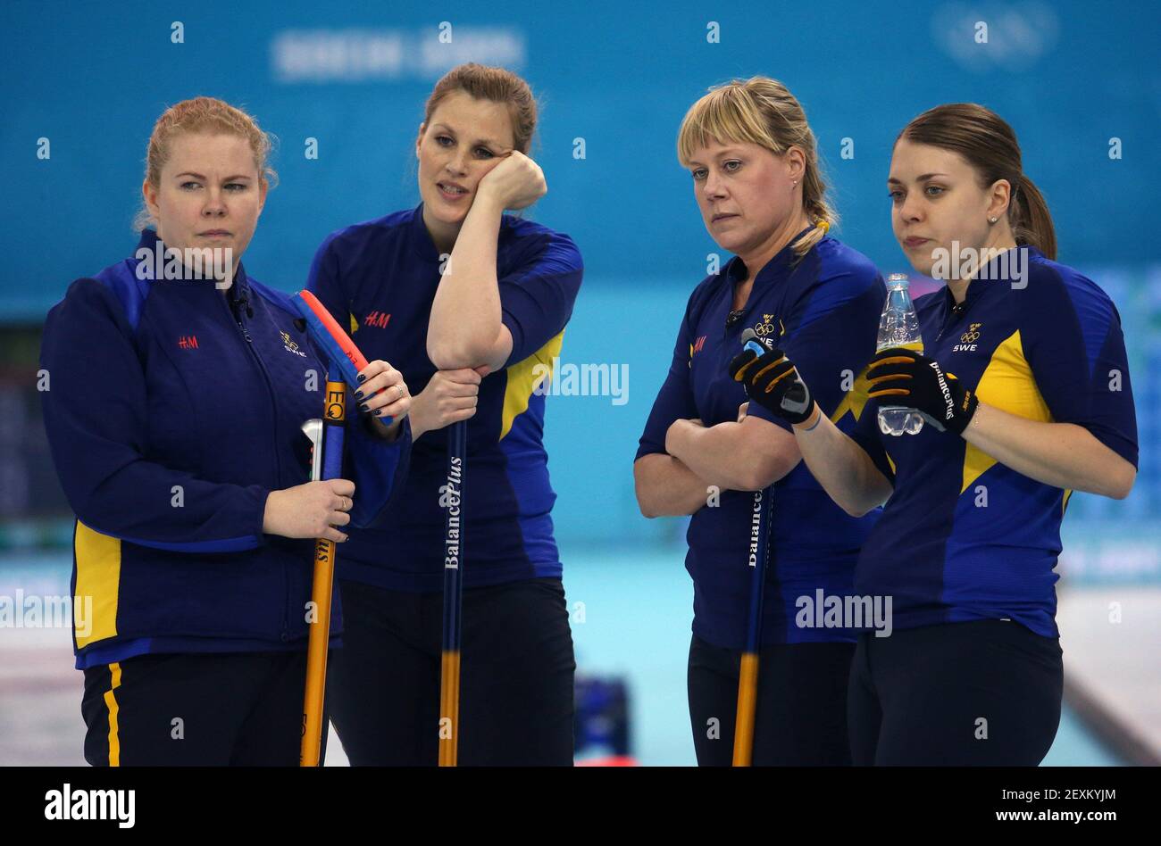Sweden's Margaretha Sigfridsson (left to right), Christina Bertrup, Maria Prytz and Maria Wennerstroem look on during a women's curling semifinal against Switzerland at the Ice Cube Curling Center during the Winter Olympics in Sochi, Russia, Wednesday, Feb. 19, 2014. (Photo by Brian Cassella/Chicago Tribune/MCT/Sipa USA) Stock Photo