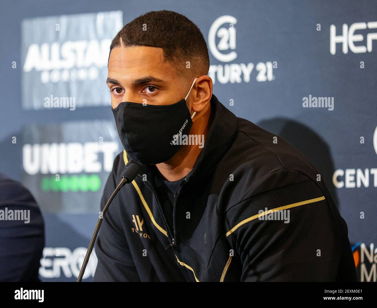 Nantes, France. 04th Mar, 2021. French boxer Tony Yoka speaks during the  official weigh-in in Nantes, western France, on the eve of a boxing match  at the Heavyweight European Union Championships on