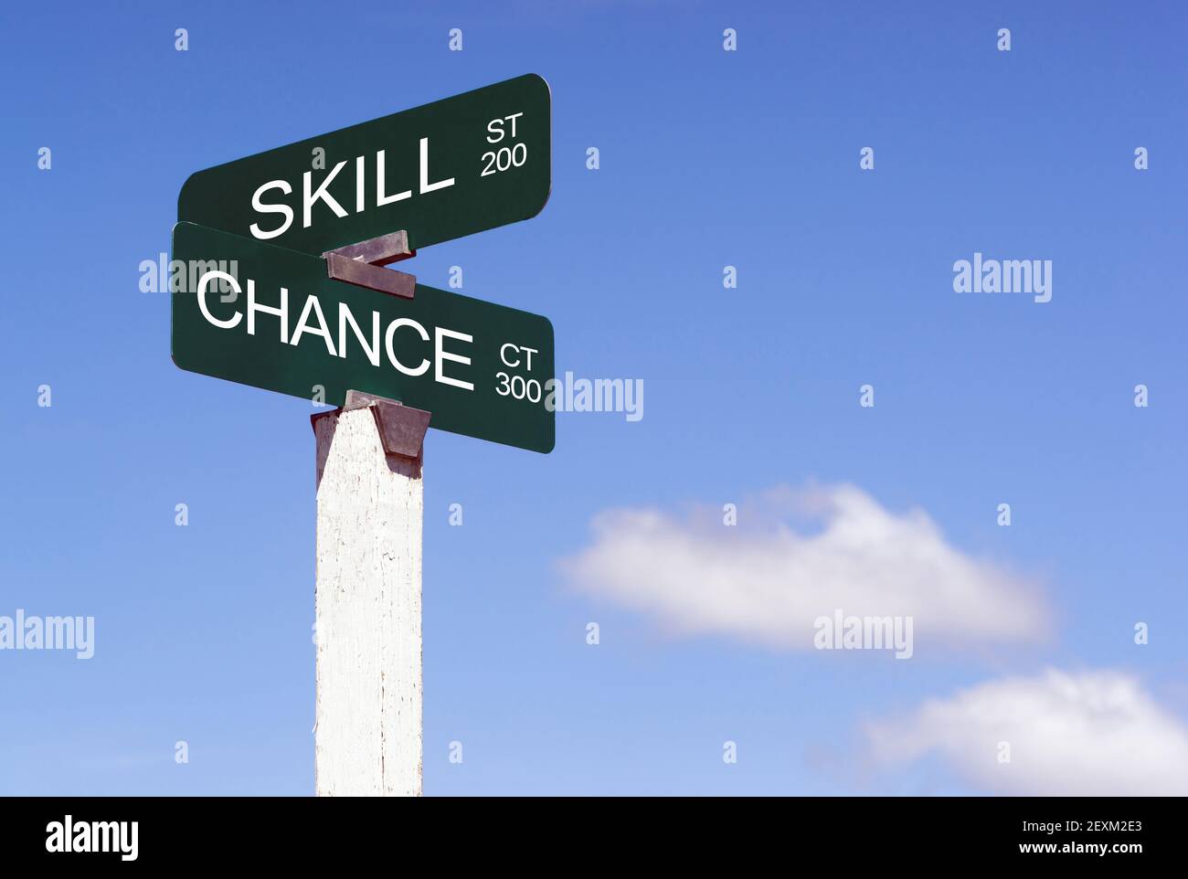 Signs Crossraods Skill Street Chance Avenue Sign Blue Skies Clouds Stock Photo
