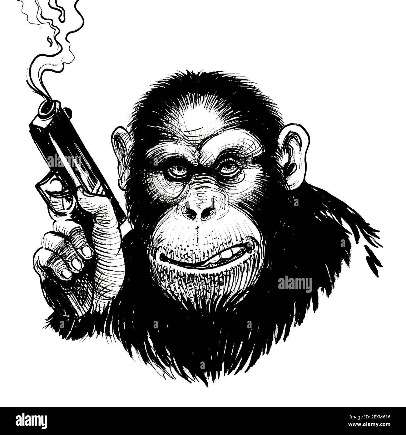 Chimpanzee with a smoking gun. Ink black and white drawing Stock Photo
