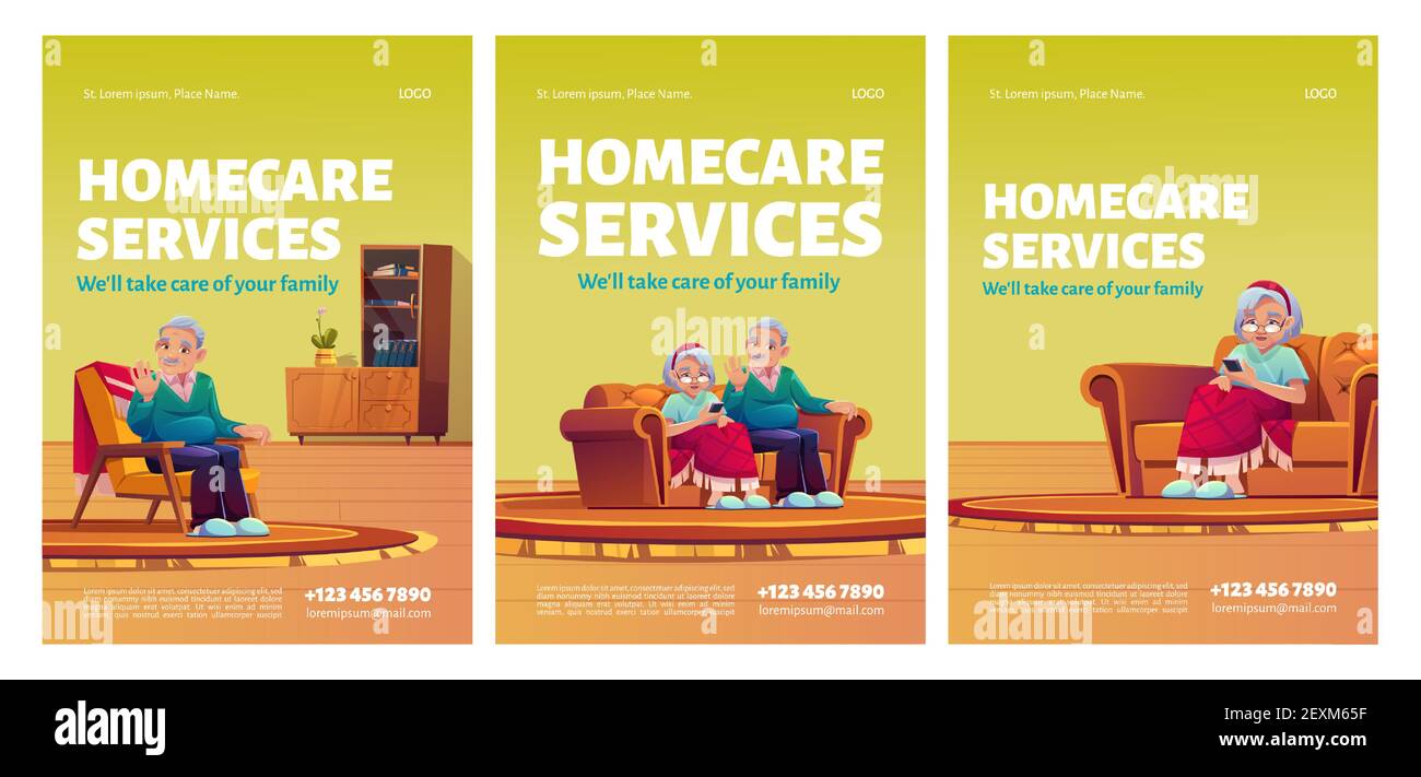 Homecare services posters. Social aid and care for old patients at home concept. Happy senior couple man and woman sitting in armchair or sofa in their house, Cartoon vector illustration, flyers set Stock Vector