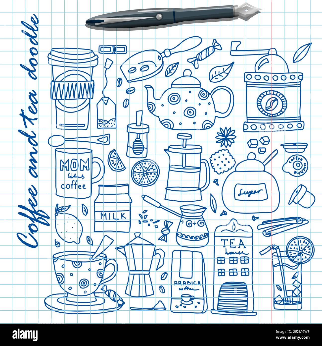 Big set of hand drawn coffee and tea doodles. A set of isolated vector ...