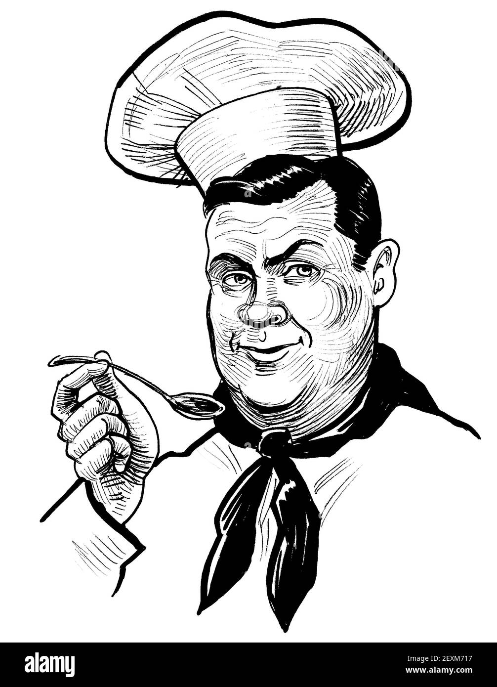 Chef character tasting soup with a spoon. Ink black and white drawing ...