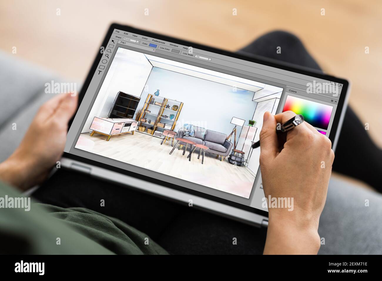 Interior Designer Woman Drawing Project Sketch On Tablet Stock Photo
