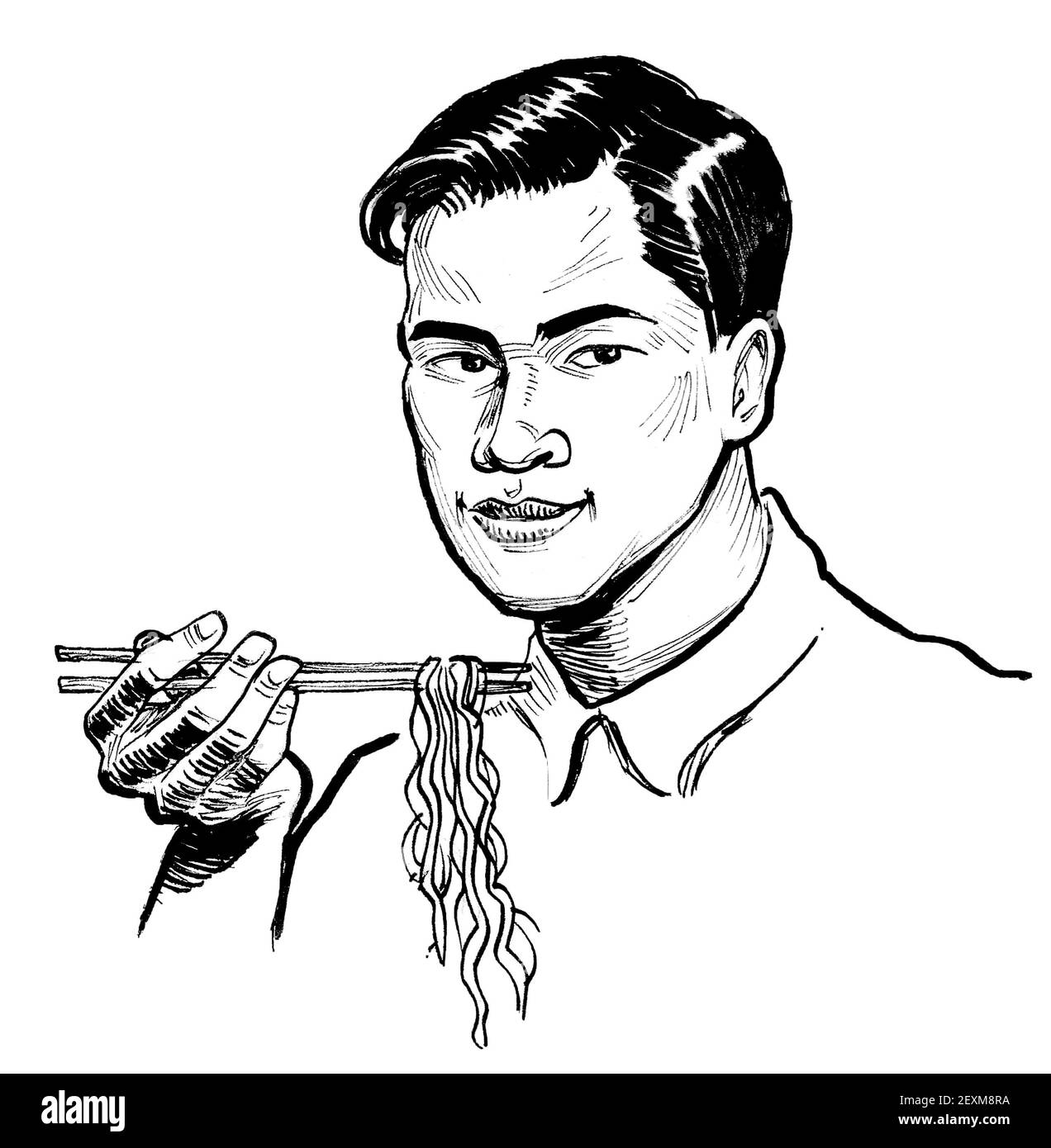 Asian man eating noodles with a chopsticks. Ink black and white drawing Stock Photo