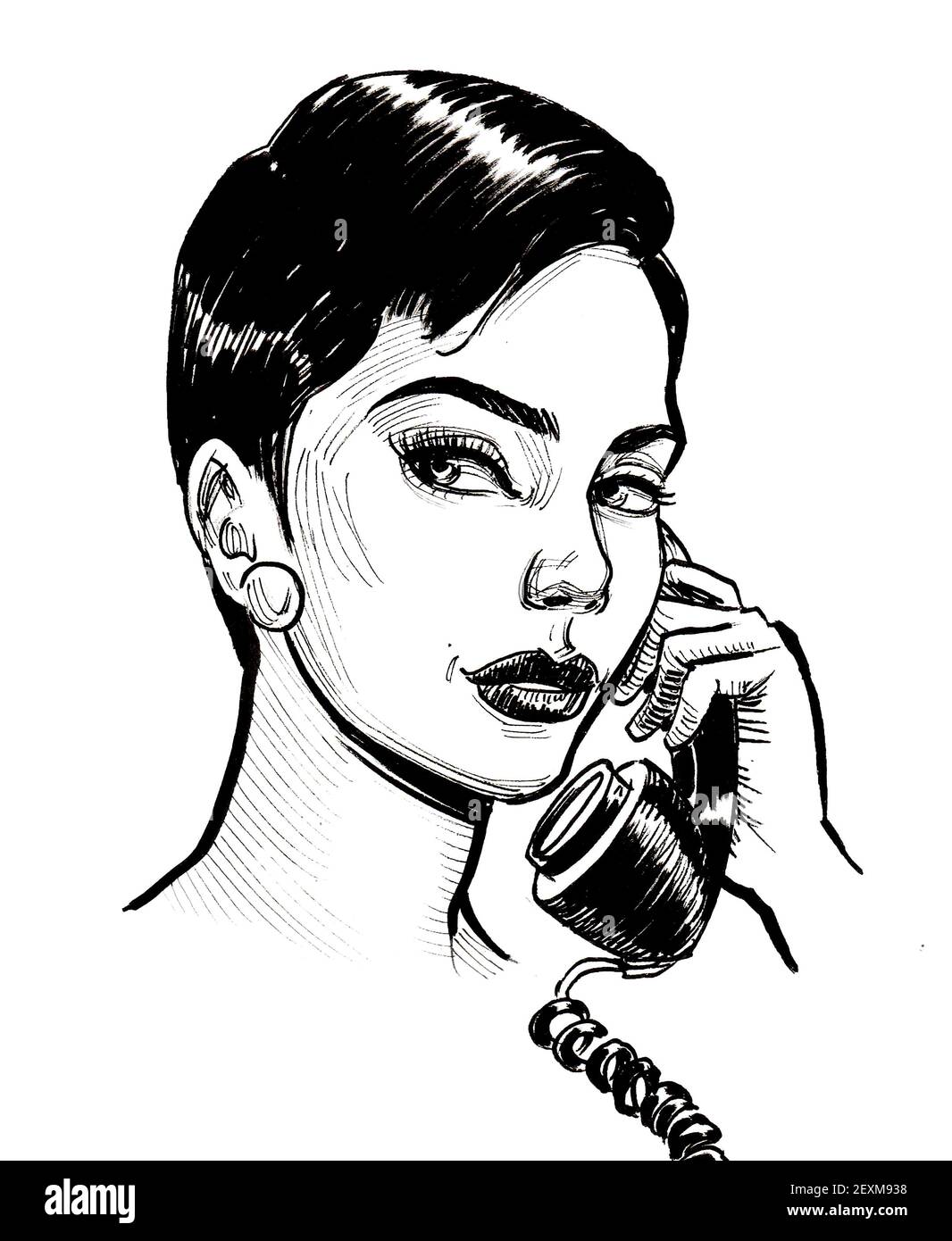 Pretty woman talking over retro telephone. Ink black and white drawing ...