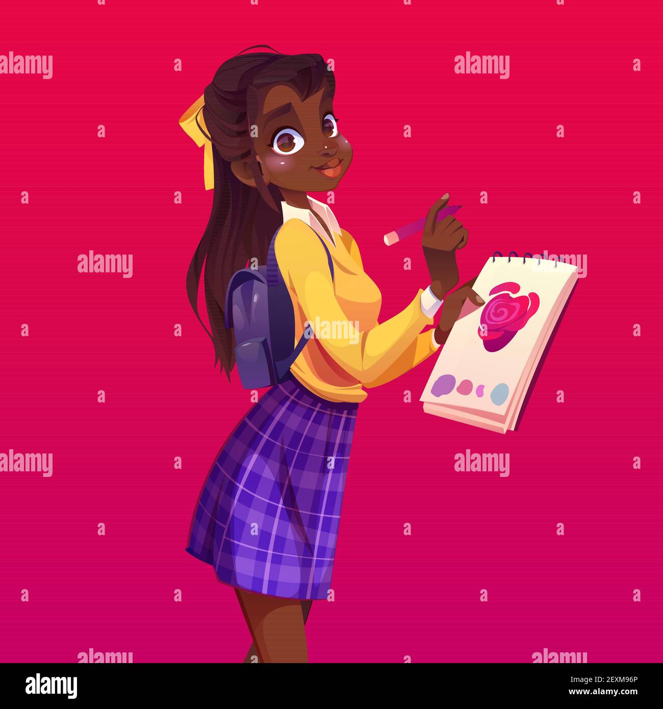 Black woman painter with notebook and pencil. African american girl student drawing pink heart in album. Vector cartoon teenage girl with ponytail, backpack, paper and marker Stock Vector