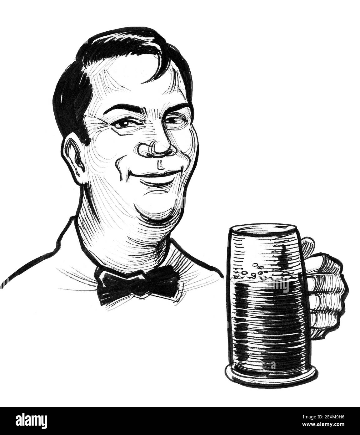 Man drinking a mug of beer. Ink black and white drawing Stock Photo Alamy