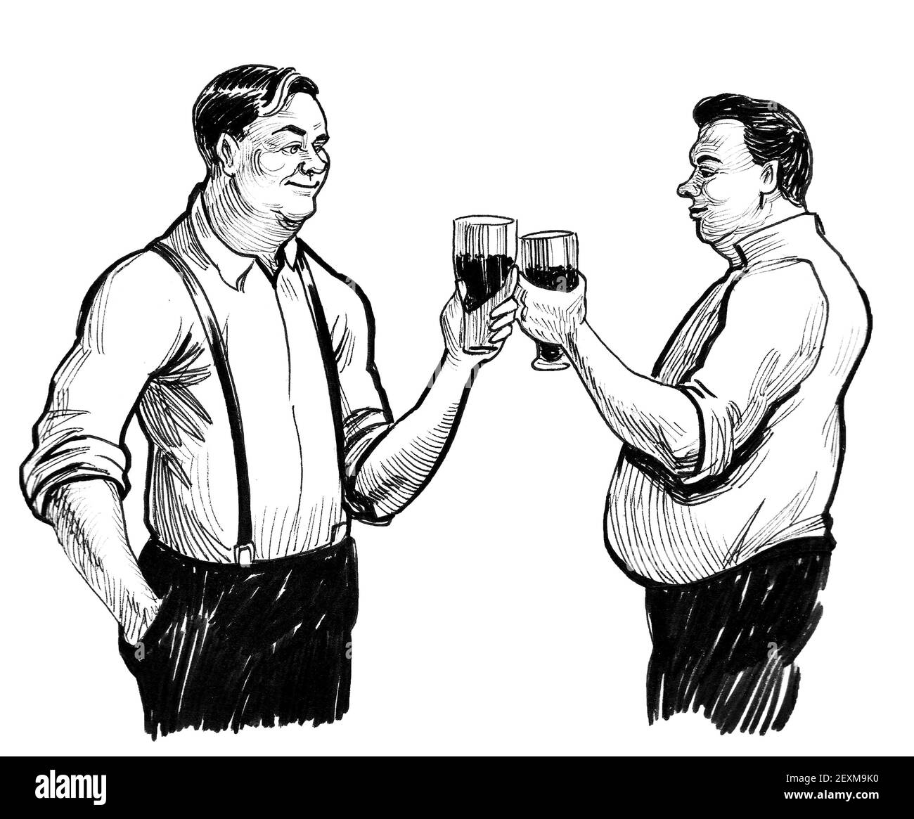 Two gentlemen drinking beer. Ink black and white drawing Stock Photo