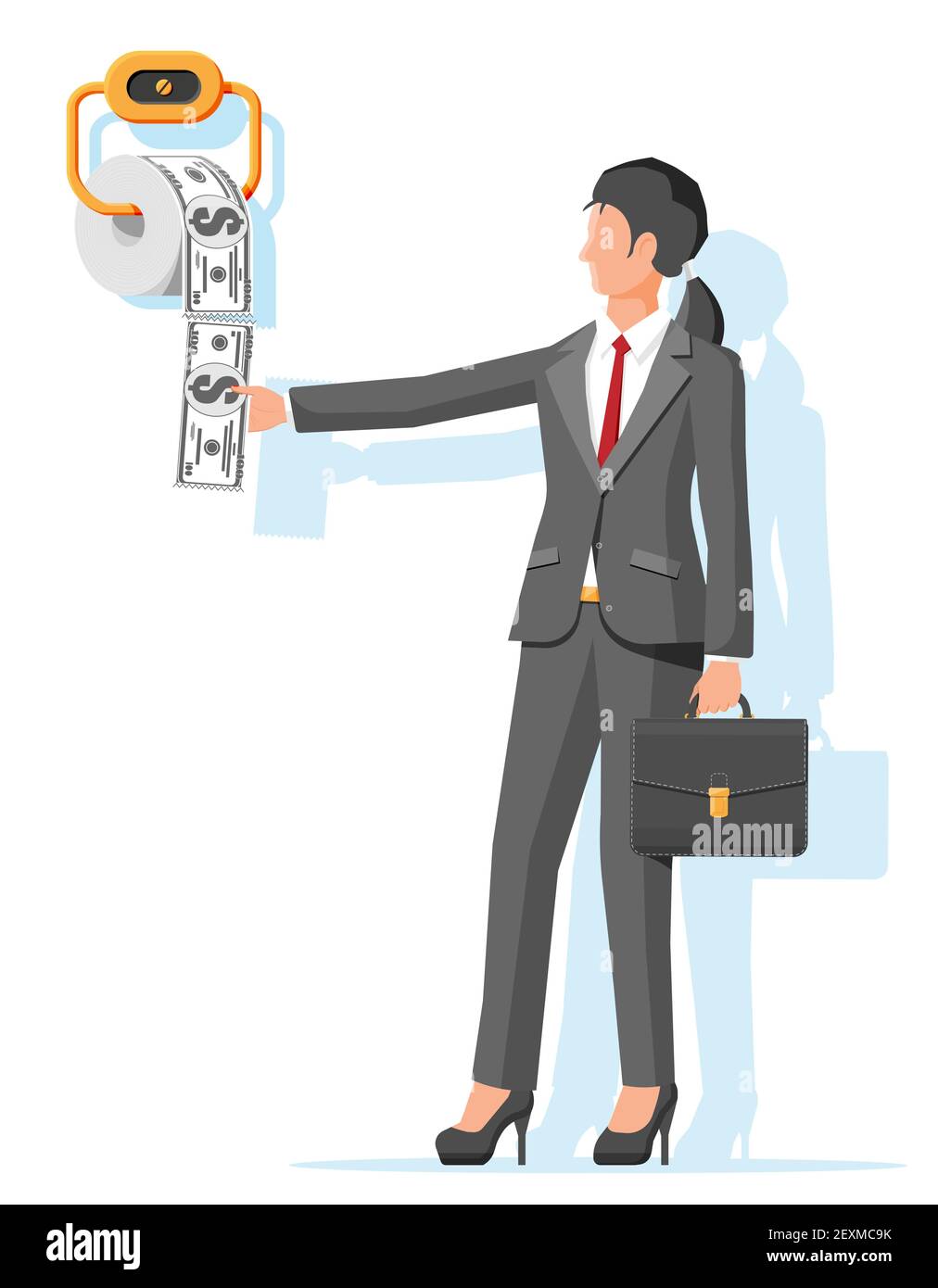 Businesswoman and hank of toilet paper dollar money. Garbage waste investment. Losing or wasting money, overspending, bankruptcy or crisis. Vector illustration in flat style Stock Vector