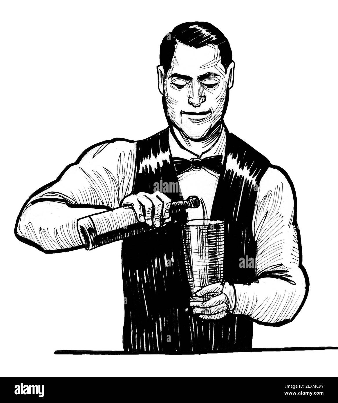 Bartender mixing cocktail. Ink black and white drawing Stock Photo Alamy