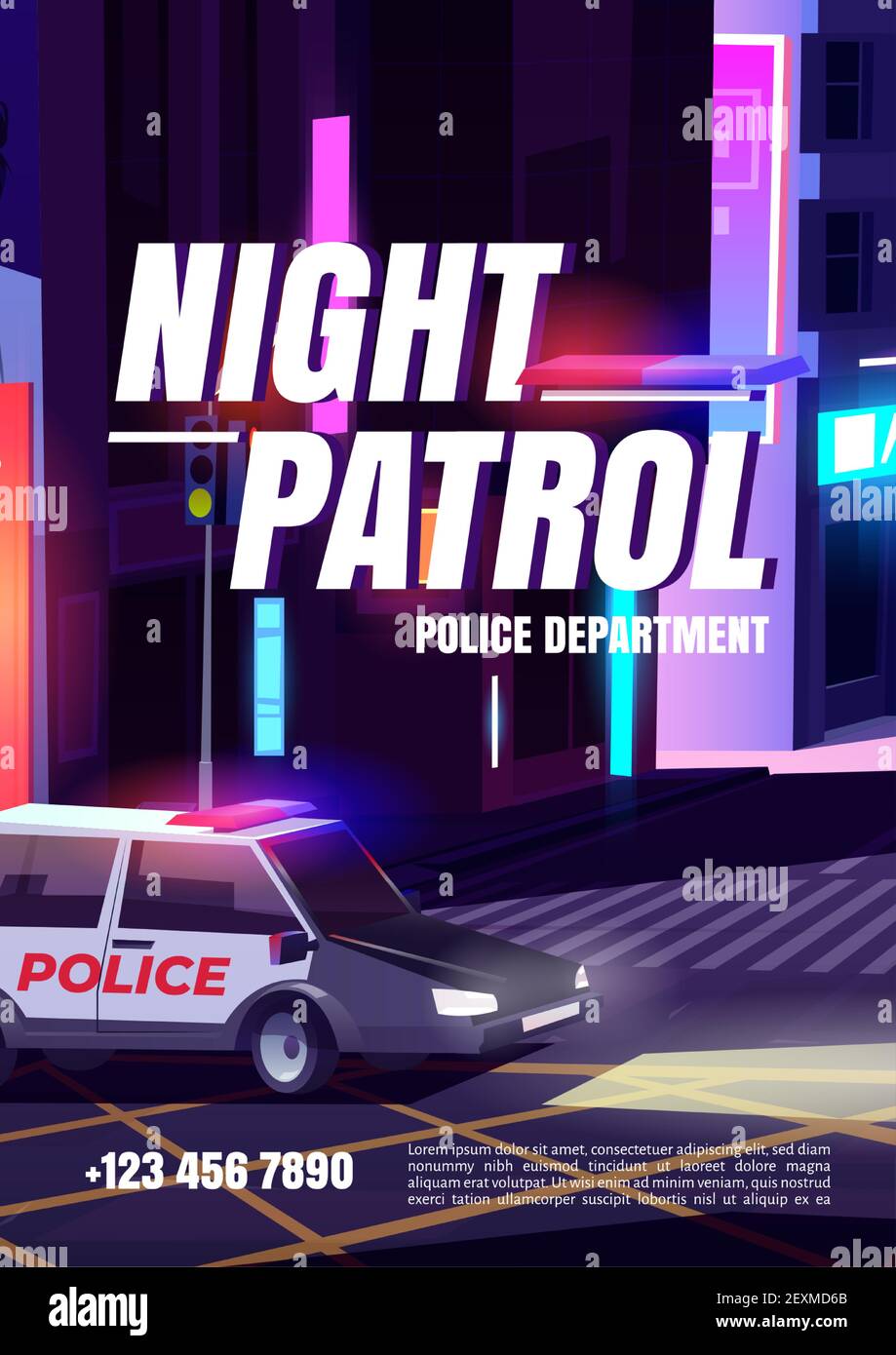 Night patrol cartoon poster with police department car with signaling riding night city street with houses, empty road crosswalk and traffic lights. Officer policeman service, vector illustration Stock Vector