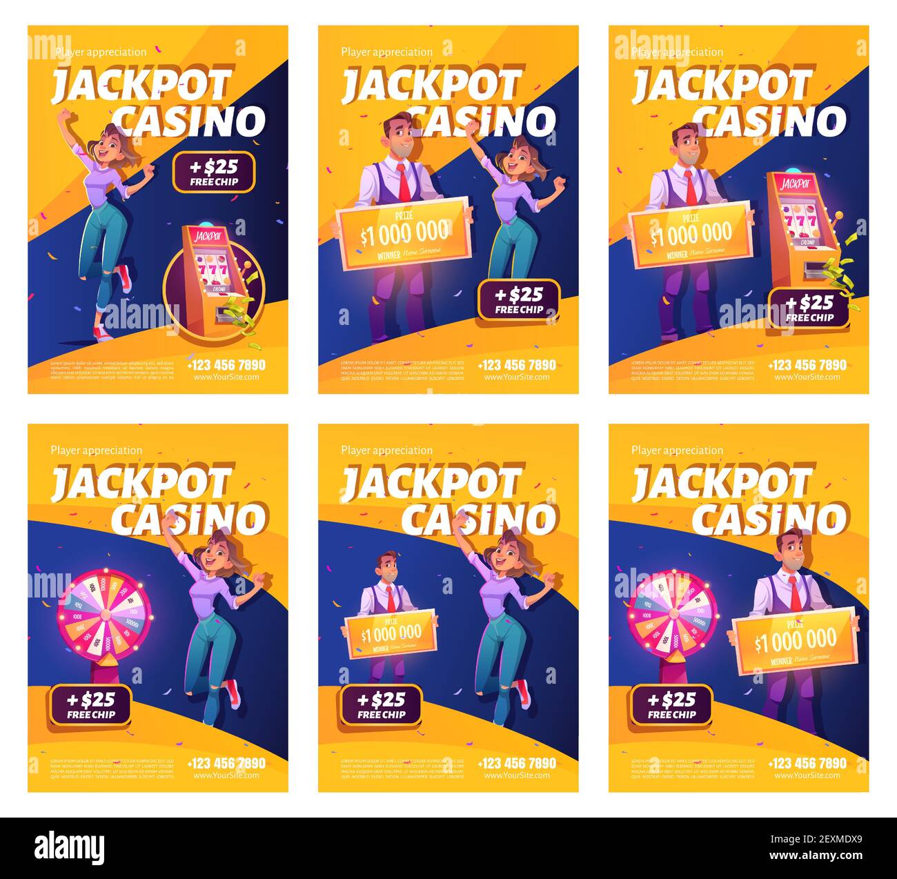 Jackpot casino win ad posters. Lucky woman celebrate winning prize jumping at money and confetti falling at lucky wheel and on one-armed bandit slot machine, happy winner. Cartoon vector illustration Stock Vector