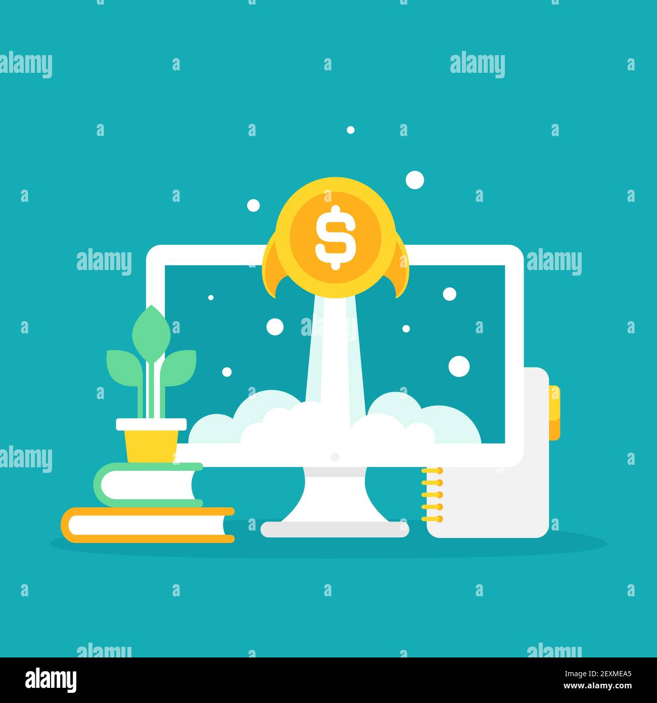 laptop screen with golden dollar coin as rocket. Money shuttle on blue  background. freelancer, designer, writer job. Income growth. Financial  success Stock Vector Image & Art - Alamy