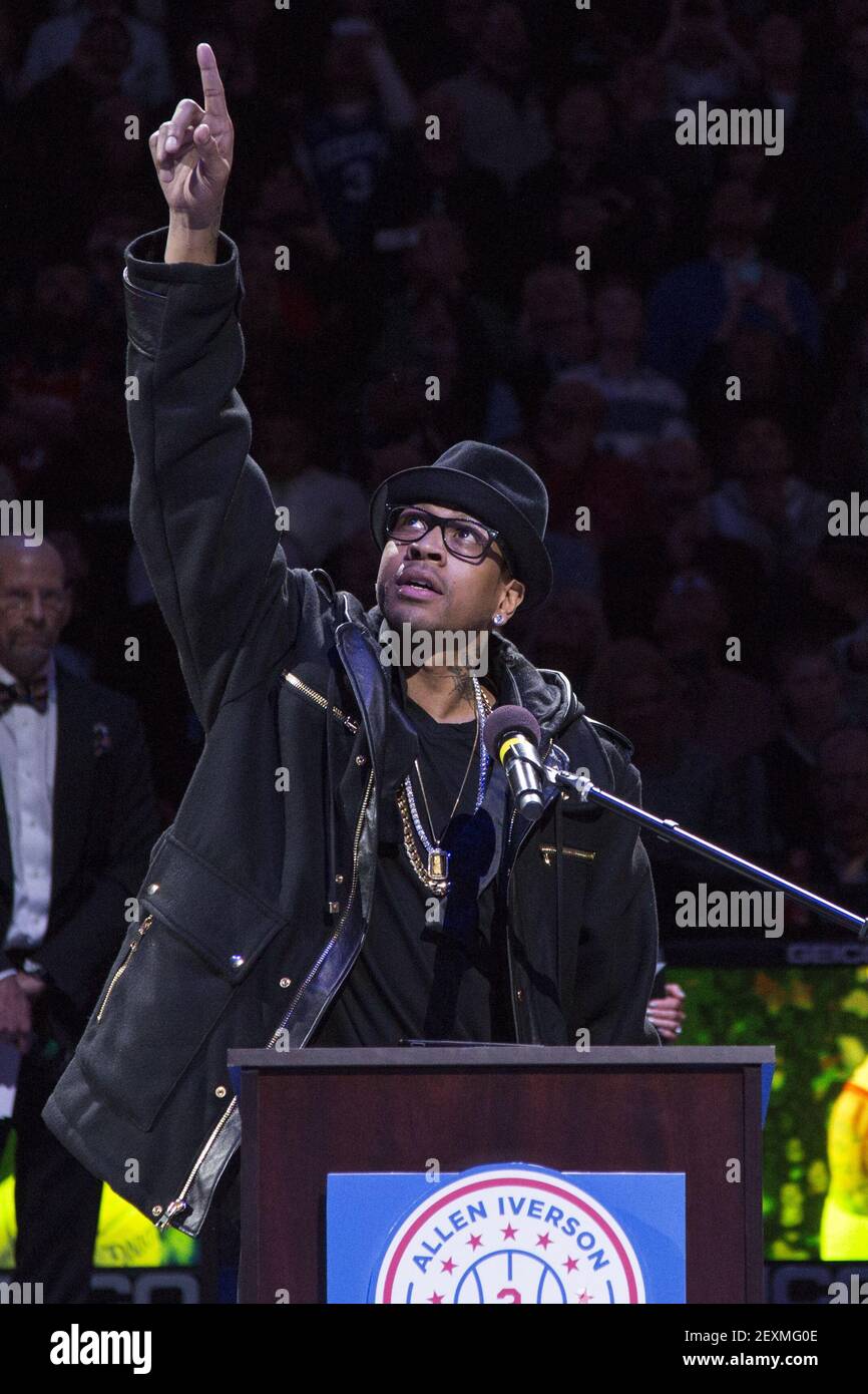 March 1, 2014: Former 76ers Allen Iverson points up while at his jersey  retirement ceremony during halftime of the NBA game between the Washington  Wizards and the Philadelphia 76ers at the Wells