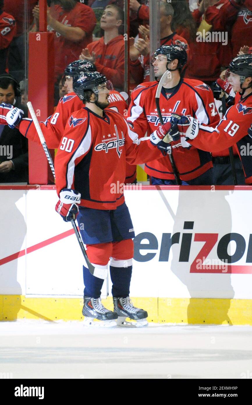 Washington Capitals center Marcus Johansson (90) celebrates scoring the team's second goal during the first period against the Philadelphia Flyers at the Verizon Center in Washington on Sunday, Mar. 2, 2014. (Photo by Mitchell Layton/MCT/Sipa USA) Stock Photo