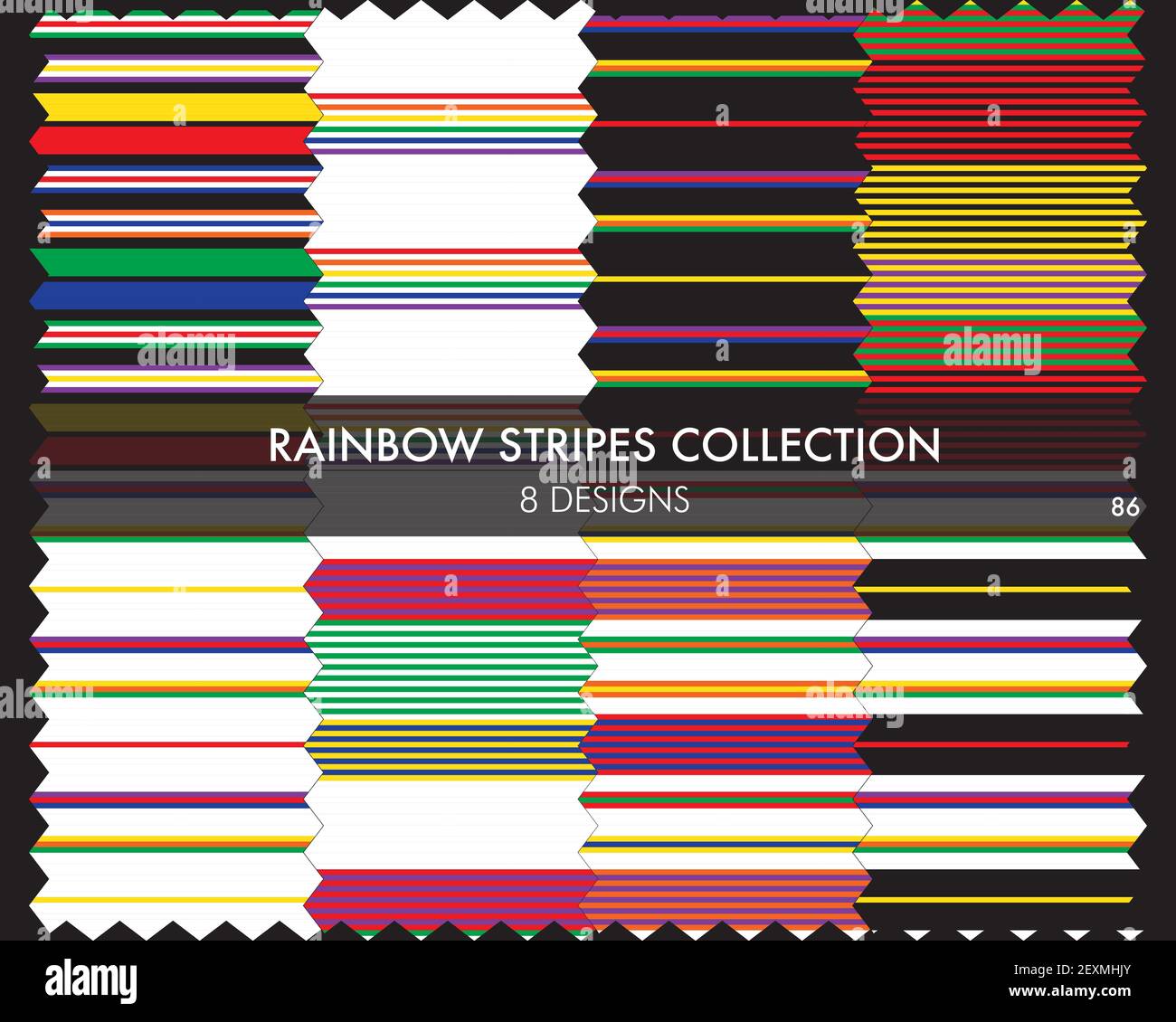 Rainbow striped seamless pattern collection includes 8 design swatches for fashion textiles, graphics Stock Vector