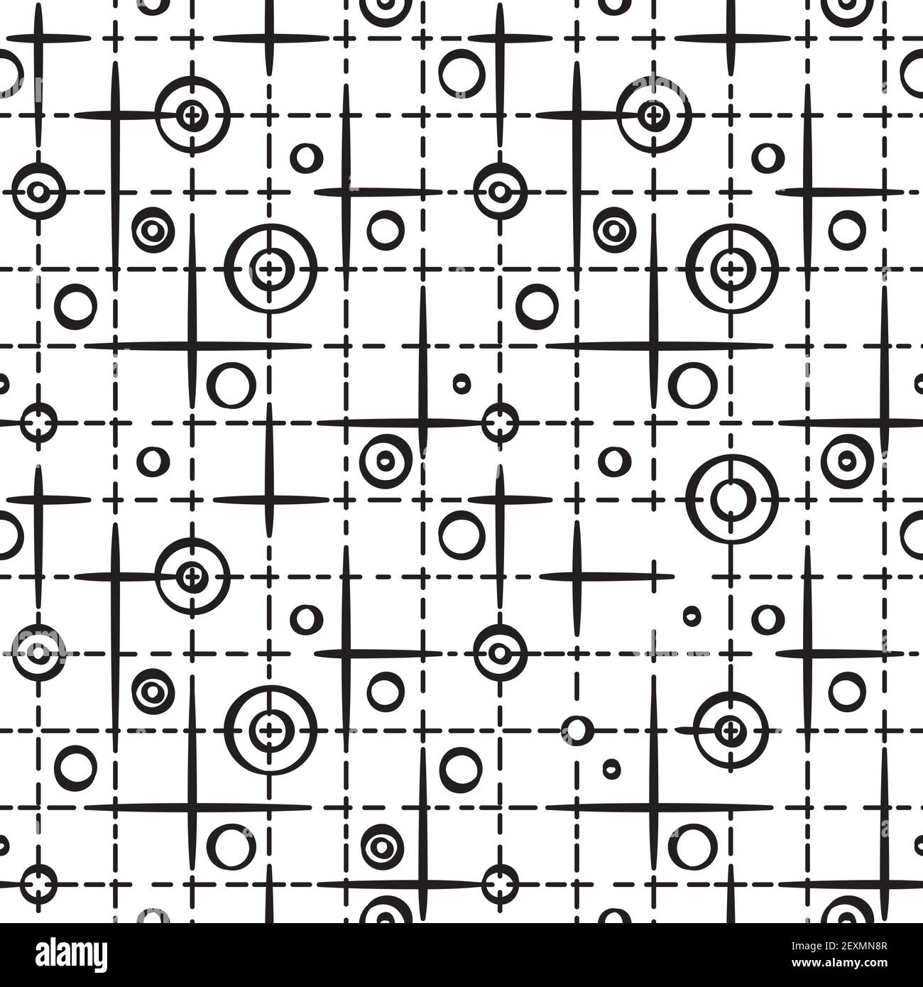 A seamless retro pattern with dots intertwined with lines. Stock Vector