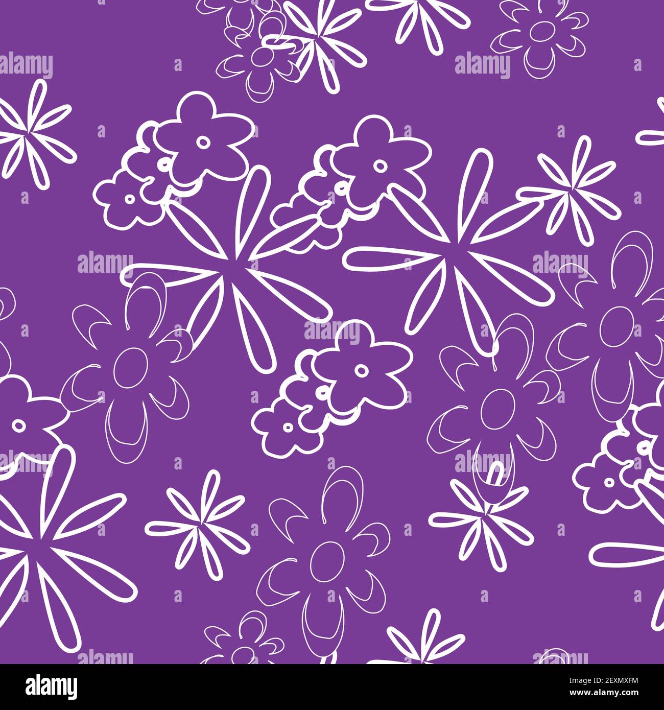 Vector purple background white outlines daisy chamomile flowers pattern, seamless pattern